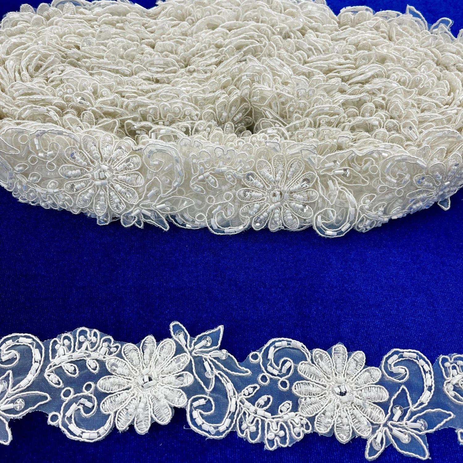 1 Yard Elegant Beaded Corded Lace Trimming on Organza for Dresses 2 Inch Width