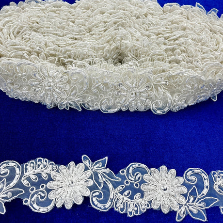 1 Yard Elegant Beaded Corded Lace Trimming on Organza for Dresses 2 Inch Width