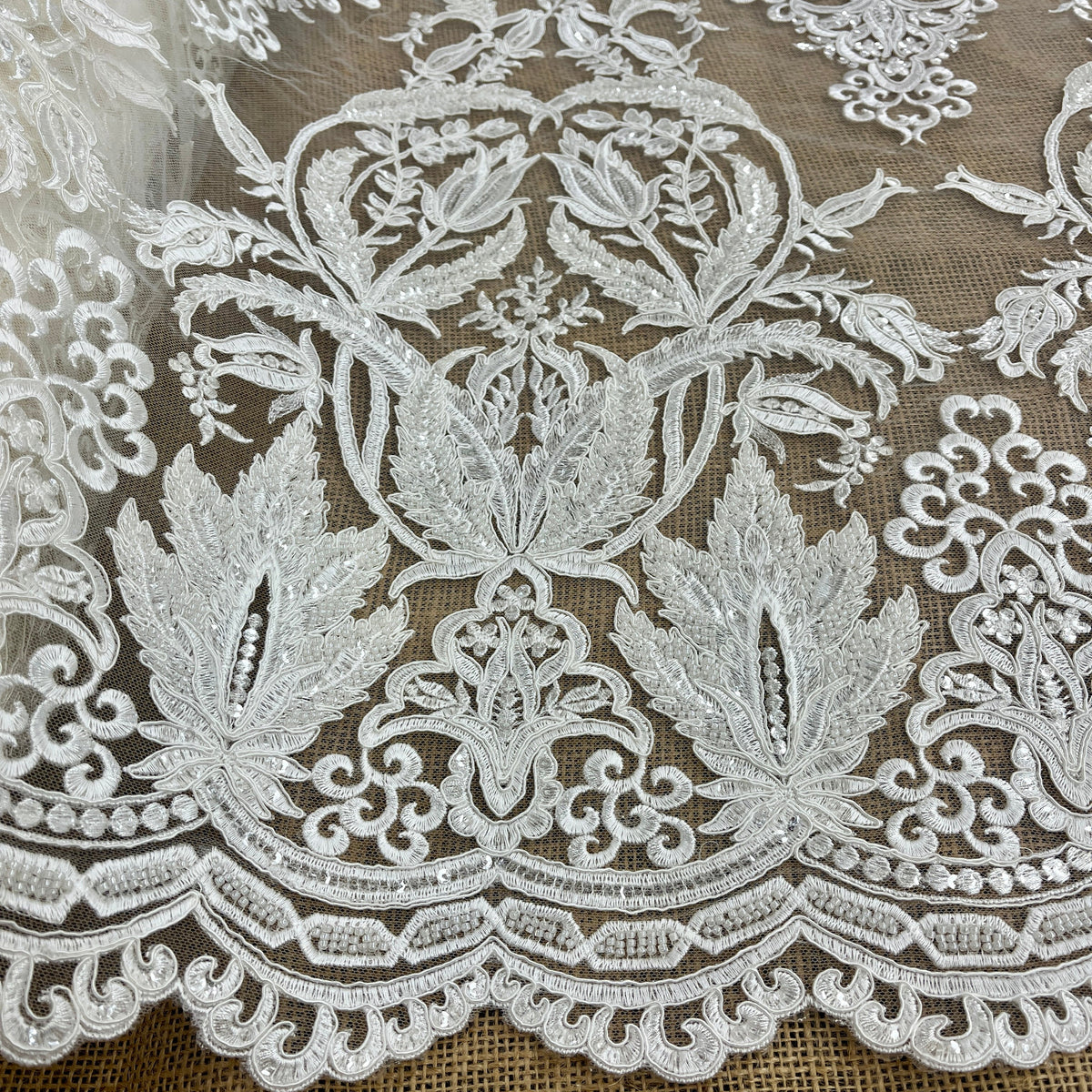 1 Yard Beaded & Corded Bridal Lace Fabric Embroidered on 100% Polyester Net Mesh 54" Wide