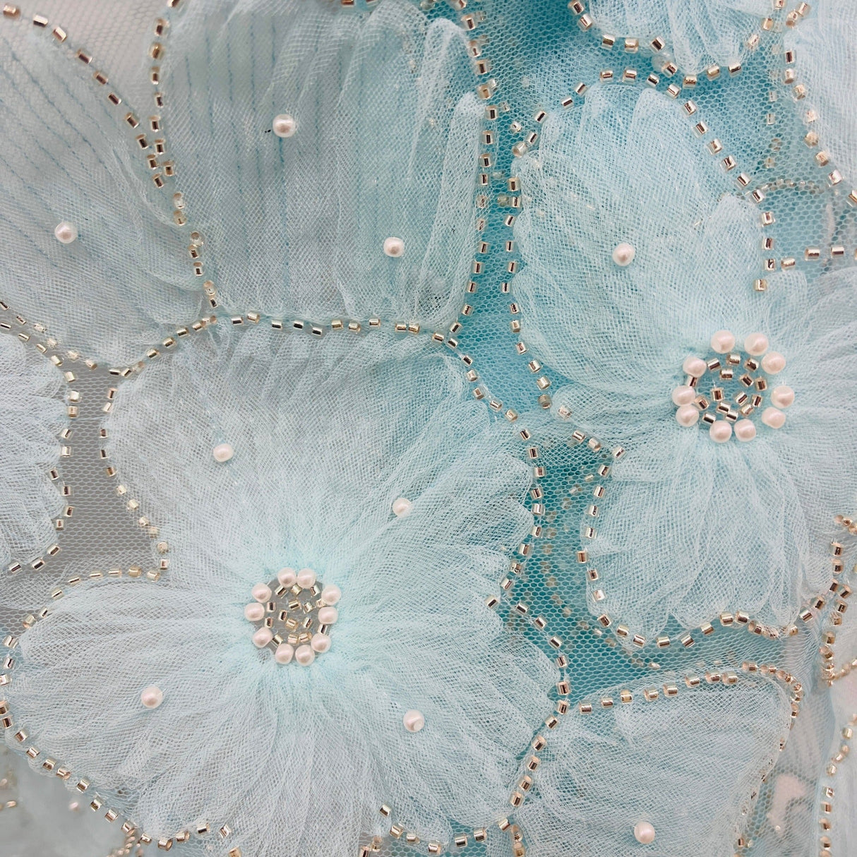 Beaded 3D Floral Lace Fabric - 3D Floral Embroidered Net Mesh, 52" Wide (1 Yard)