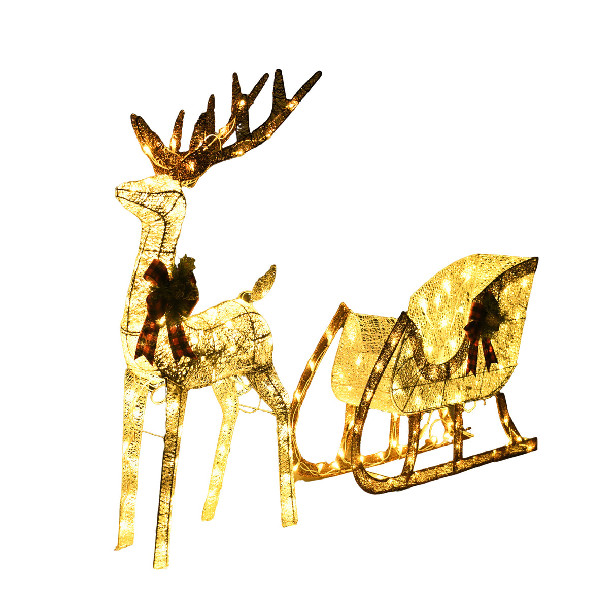 48 Inch H Reindeer and 38 Inch L Sleigh Set White LED Christmas Outdoor Decoration