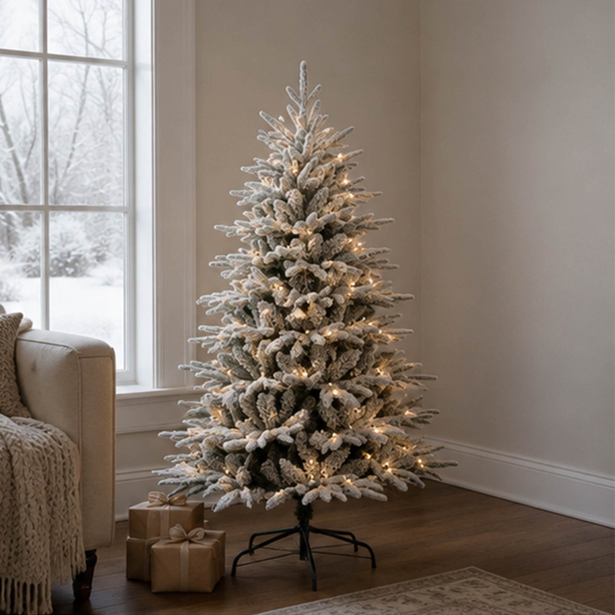 4.5FT Pre Lit Flocked Christmas Tree Warm White LED