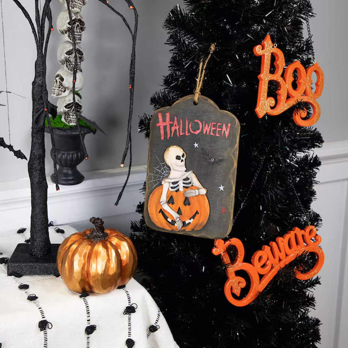 9.75 Inches Hanging Jacko Lantern Skeleton Halloween Wooden Sign