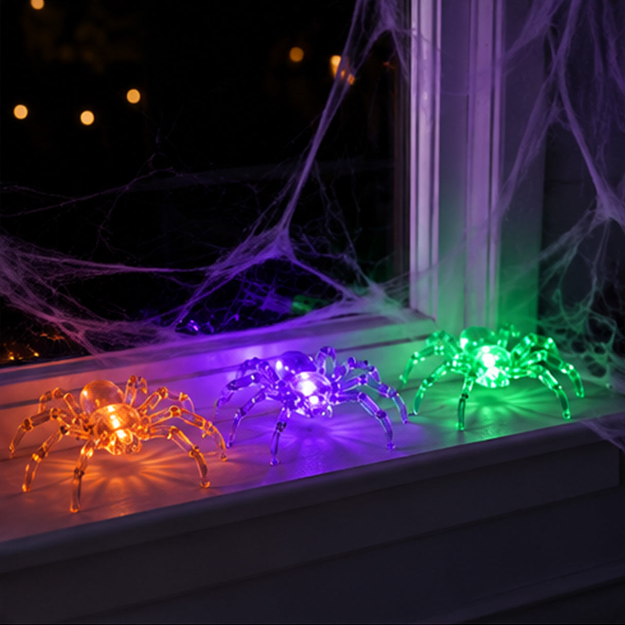 3 Pack Light Up Spider Halloween Decor Orange Green UV