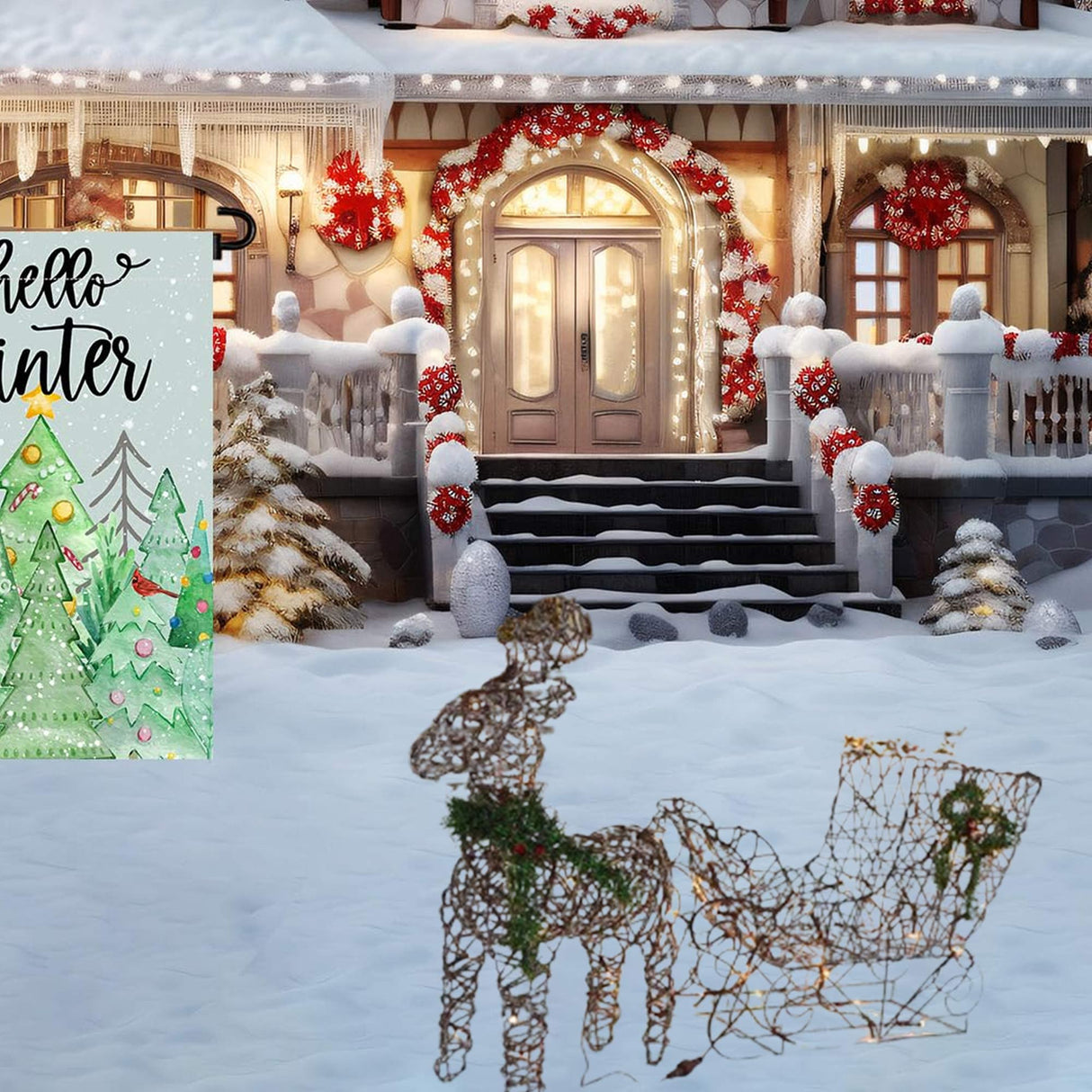 Coffee-Colored Lighted Reindeer with Sleigh Outdoor Christmas Yard Decoration