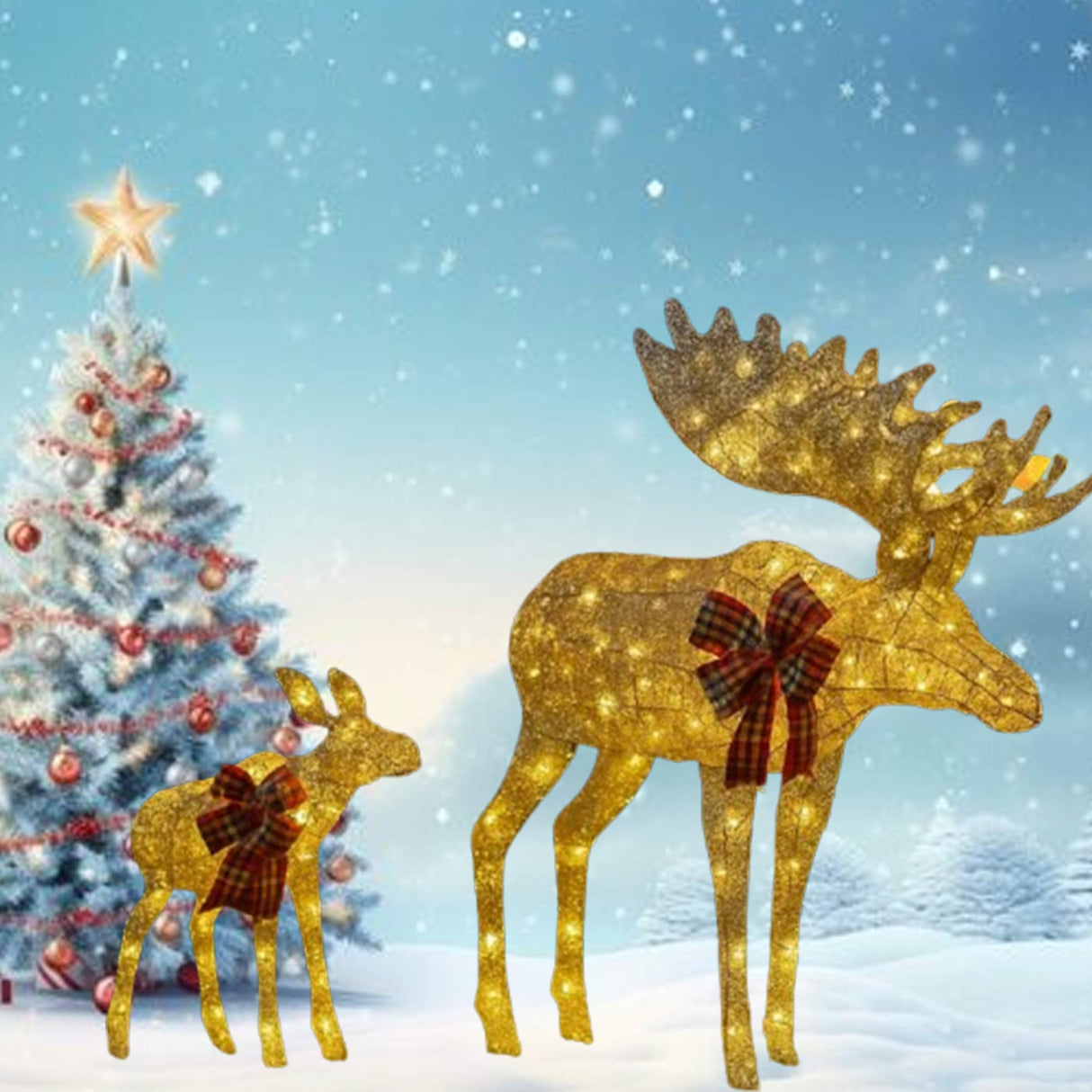 42 Inches and 22 Inches Champagne Cotton Thread Reindeer Set Two Deer