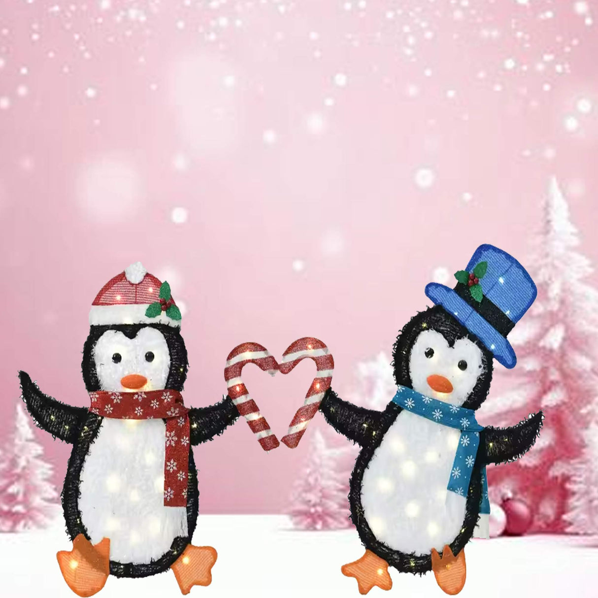 Set of Two Heart-Shaped Penguins Decorative Figurines Indoor Outdoor 30" & 32"H