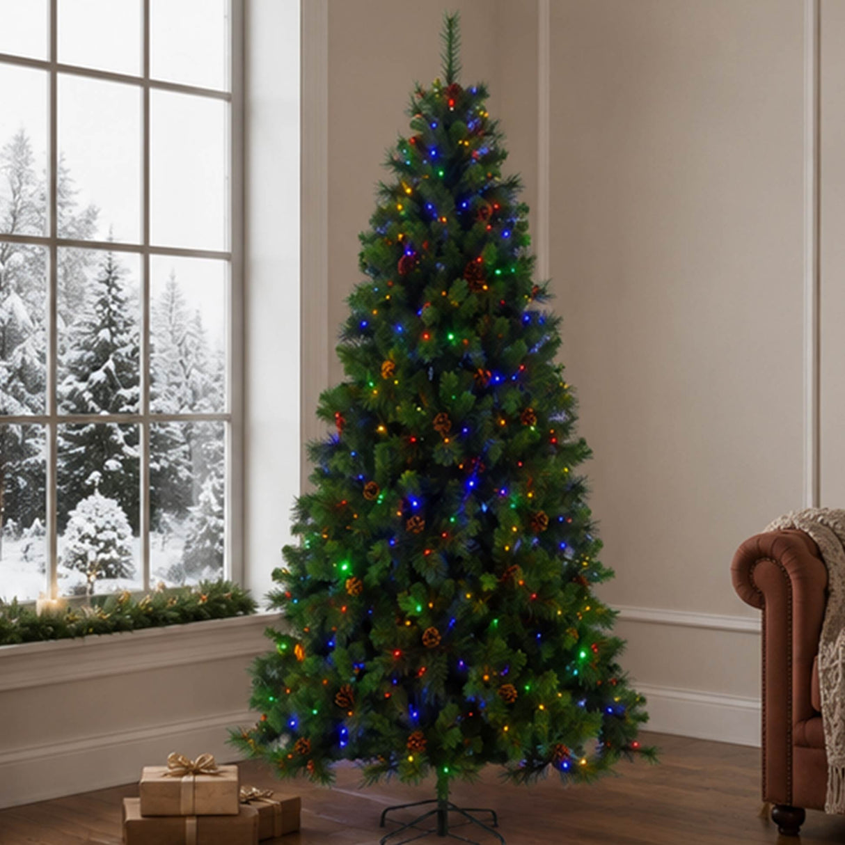 7.5FT Pre Lit Christmas Tree Warm White Pinecones LED