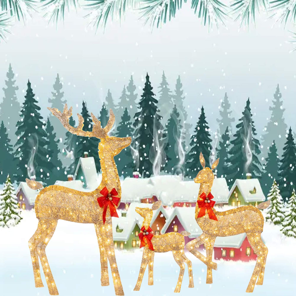 Elegant Champagne Rattan Deer Trio for Holiday Lawn and Entryway Displays 63" + 52" + 37"