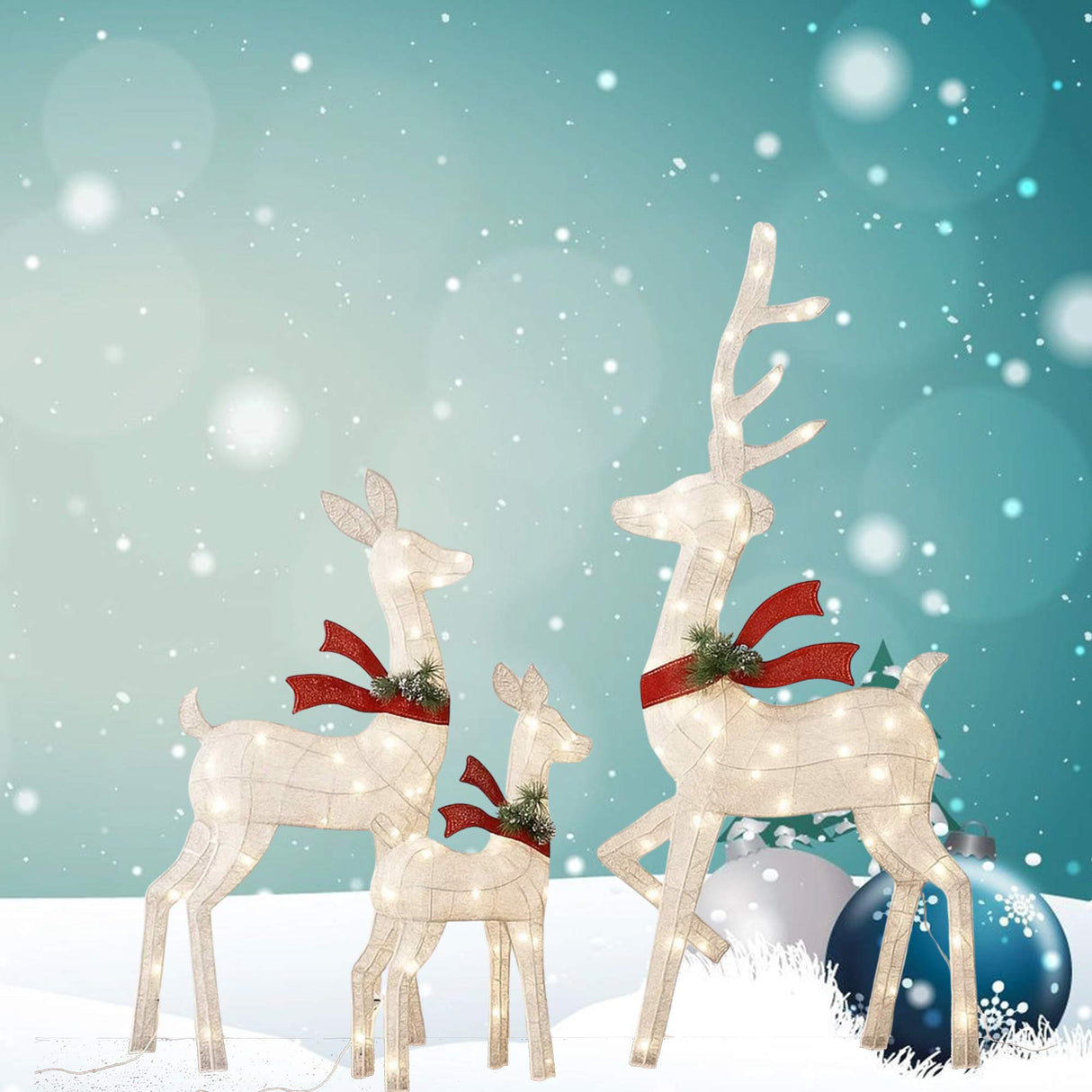 Elegant Lighted Deer Family Set with White Thread for Holiday Decor