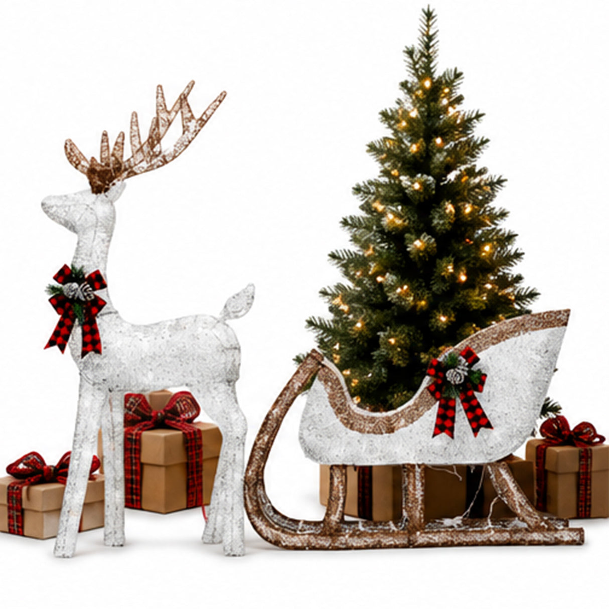 Lighted Christmas Deer Sleigh Set Warm White LED Decor