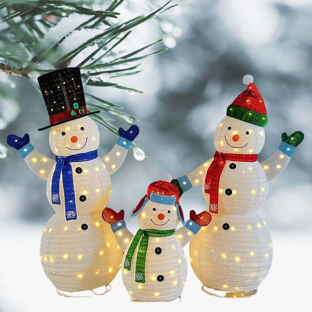 Joyful Lighted Snowman Family Set with Plush Lanterns for Holiday Decor