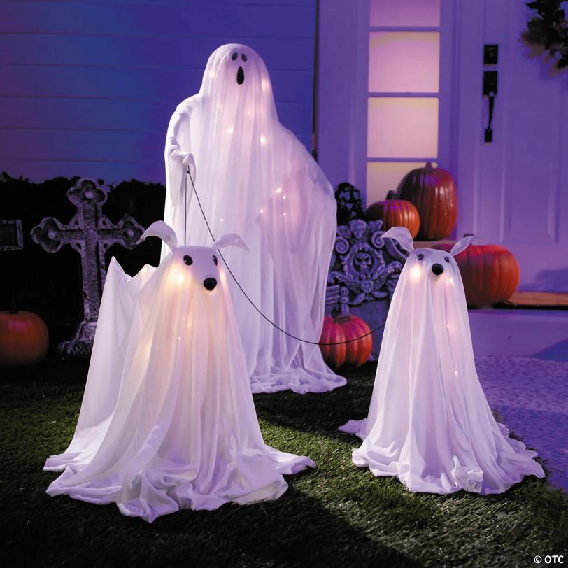 3 Ft. Light-Up White Ghost with Two Ghost Dogs Halloween Decoration