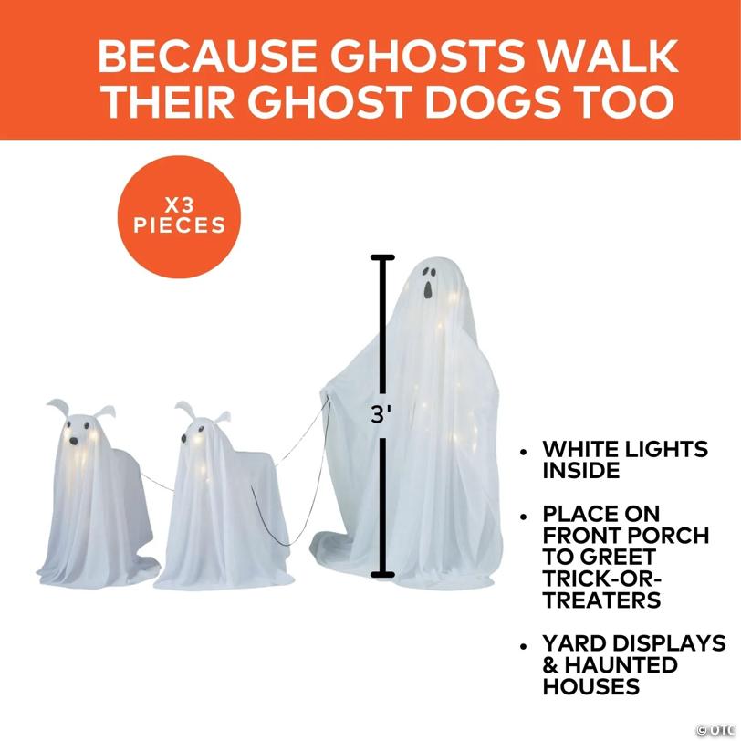 3 Ft. Light-Up White Ghost with Two Ghost Dogs Halloween Decoration