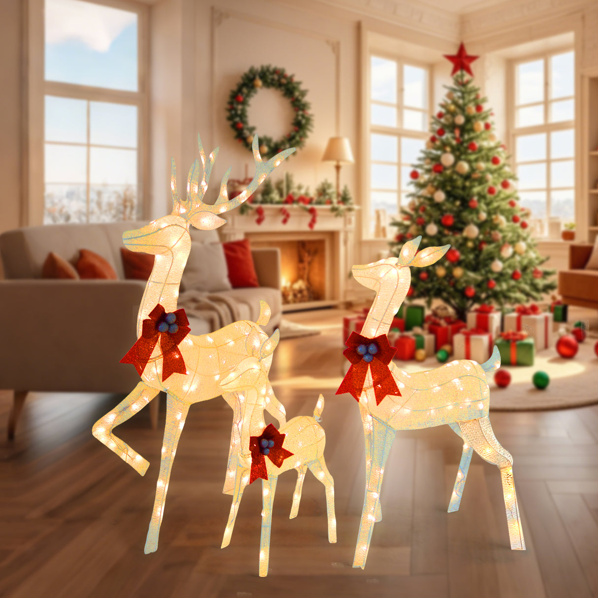 Outdoor Christmas Reindeer Set with Warm White LED Lights UL Listed Indoor/Outdoor Yard Decoration 31" 27" 18.5"