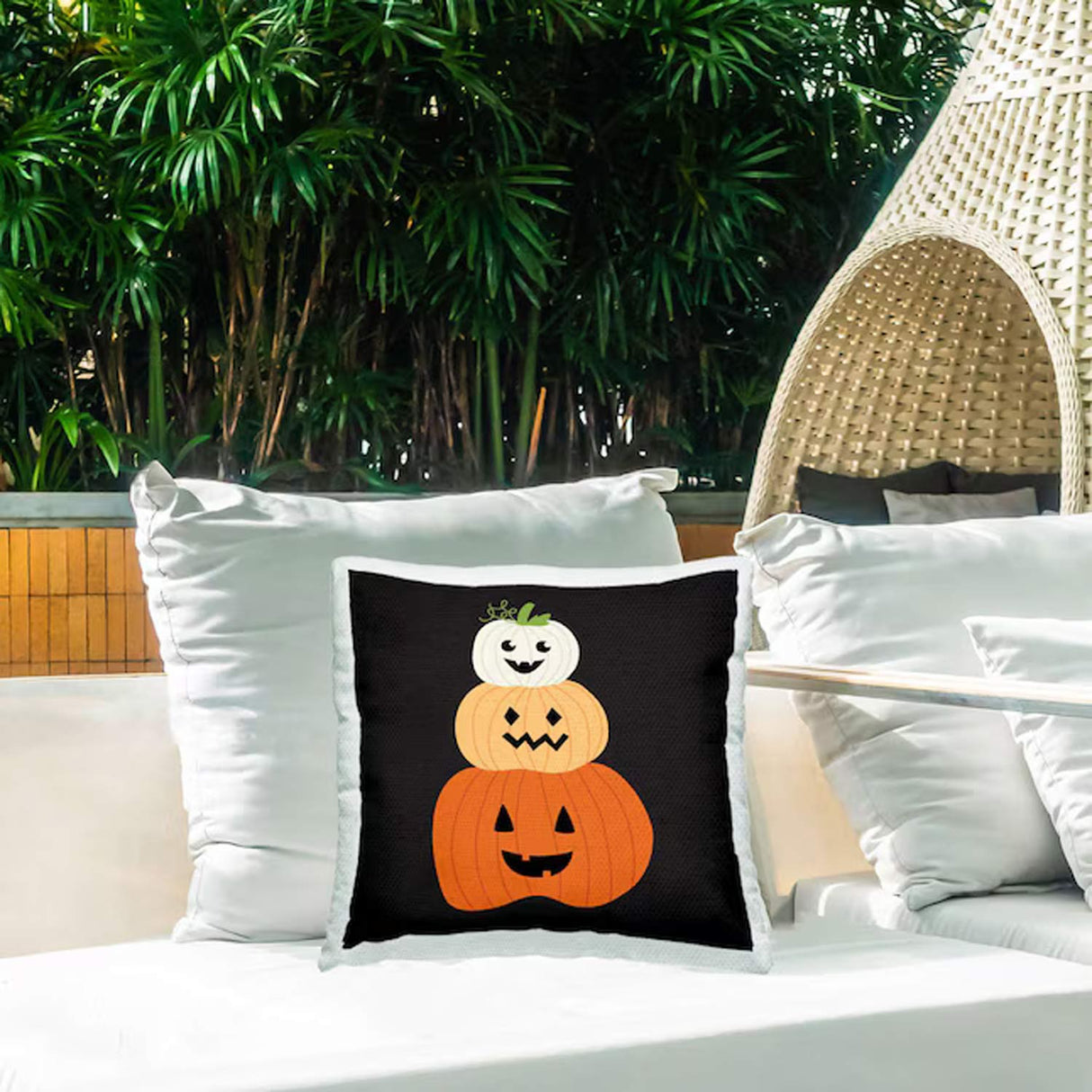 Happy Jack-o-Lanterns Printed Outdoor Pillow Black Halloween Decor