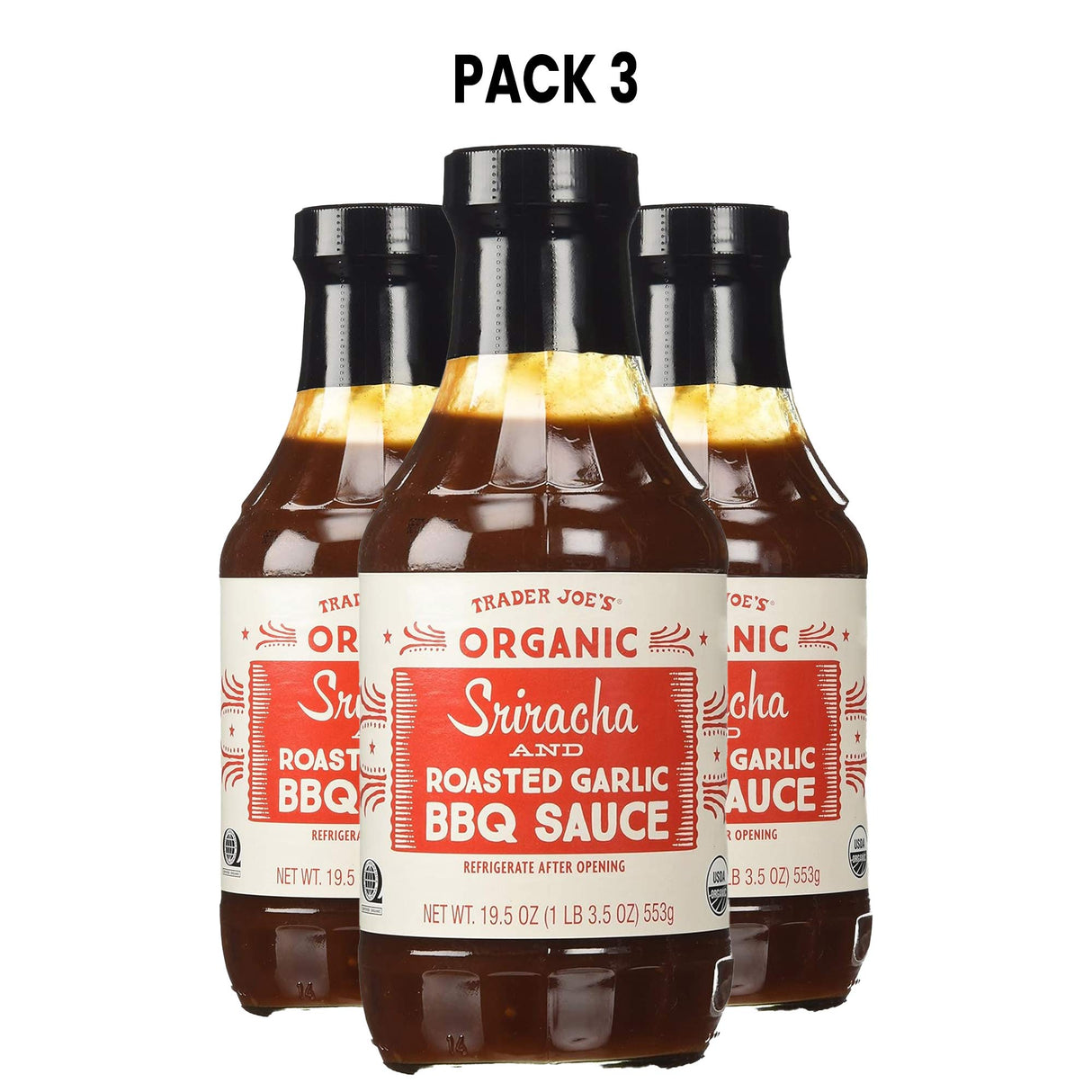 Trader Joe's Organic Sriracha and Roasted Garlic BBQ Sauce Bundle 19.5 Oz