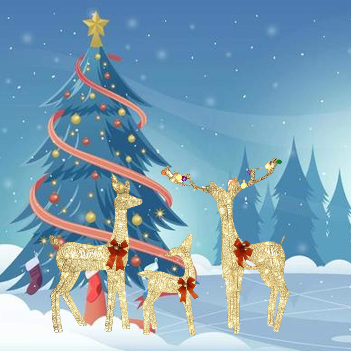 Prelit Outdoor Deer Family Trio with Iridescent PVC and Red Bows