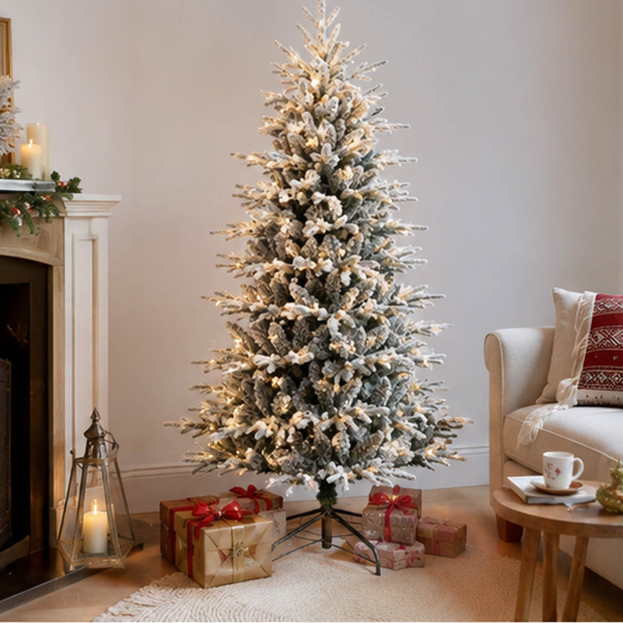 6FT Pre Lit Flocked Christmas Tree Warm White LED