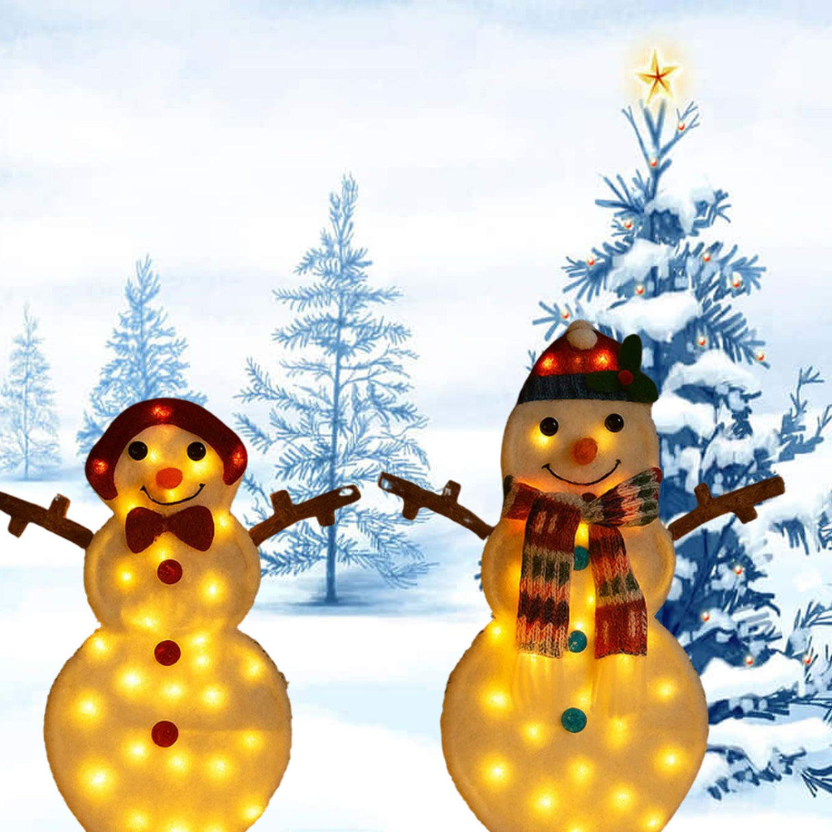 24 and 28 Inches Set of Two Light Up Snowmen Indoor Outdoor Decor