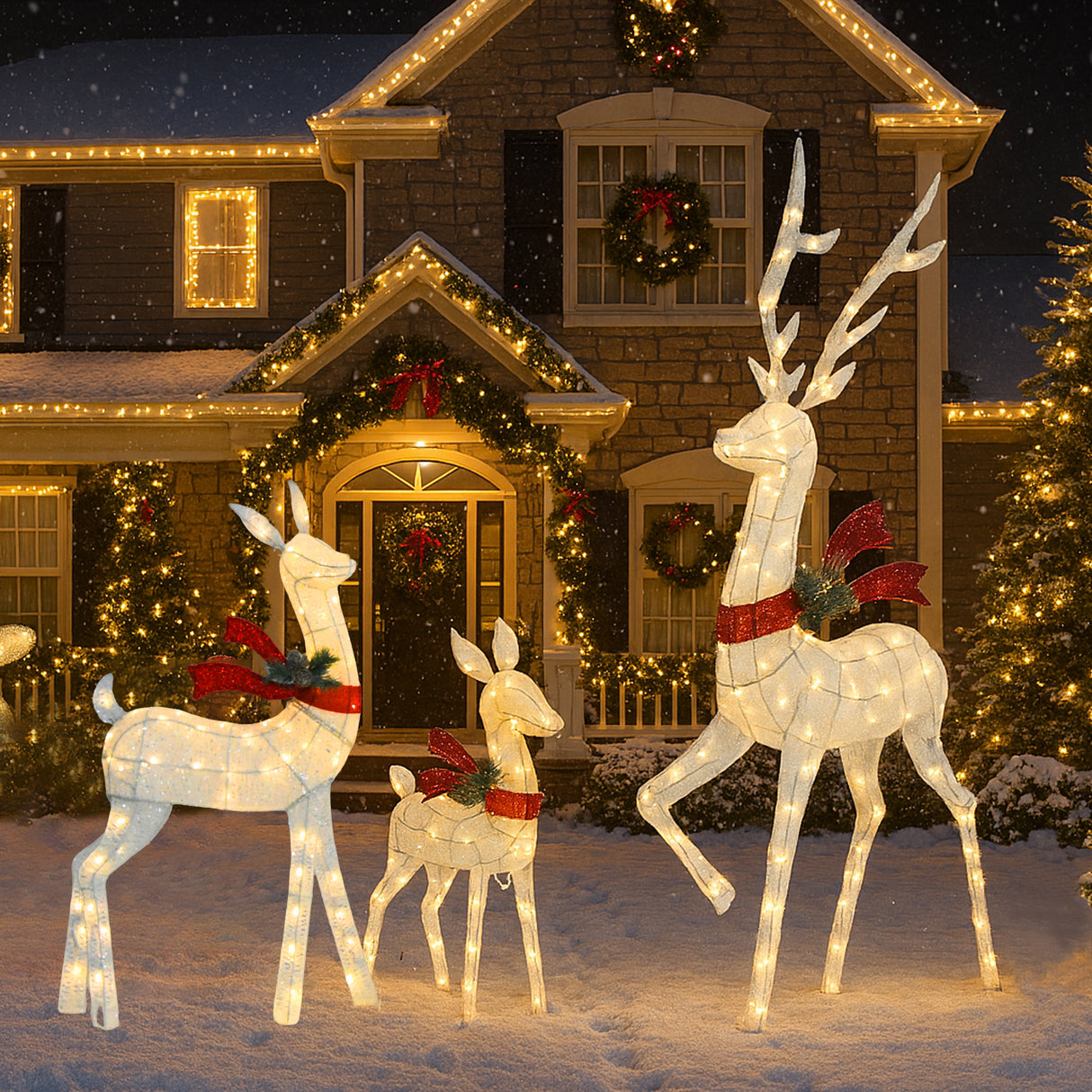 White Cotton Rope Reindeer Set of 3 with UL Listed Warm White LED Lights for Indoor/Outdoor Christmas Decoration 60" 48" 32"