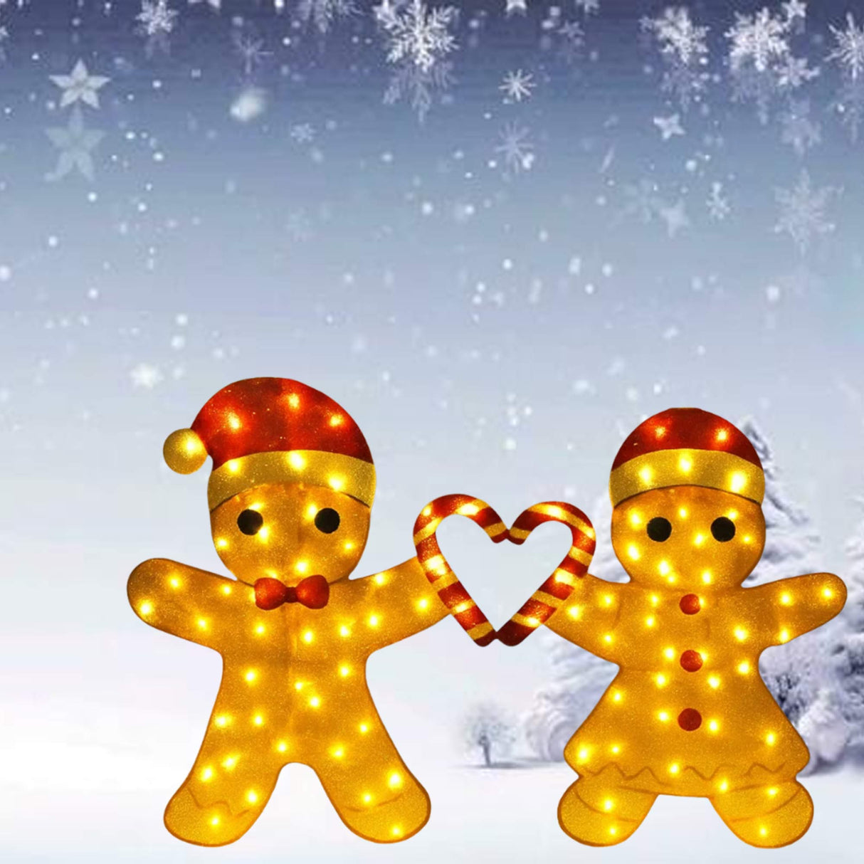 Delightful Light Up Gingerbread Man Couple with Heart-Shaped Candy Cane