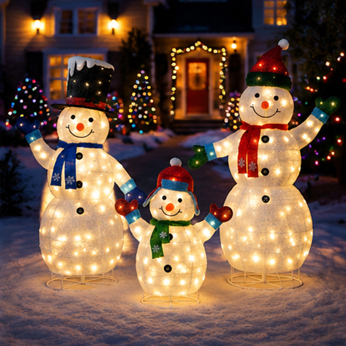 Lighted Snowman Set Christmas Yard Decor Warm White LED