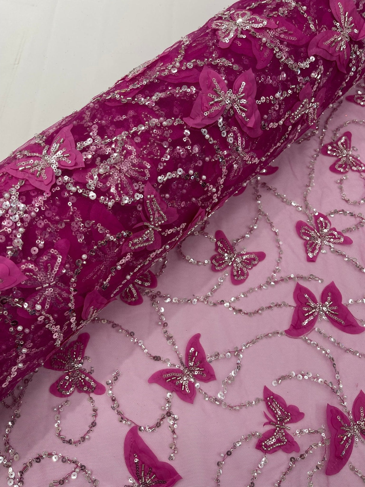 3D Beaded Butterfly On A Mesh Polyester Fabric - Beaded Butterfly Mesh Lace, 54" Width (1 Yard)