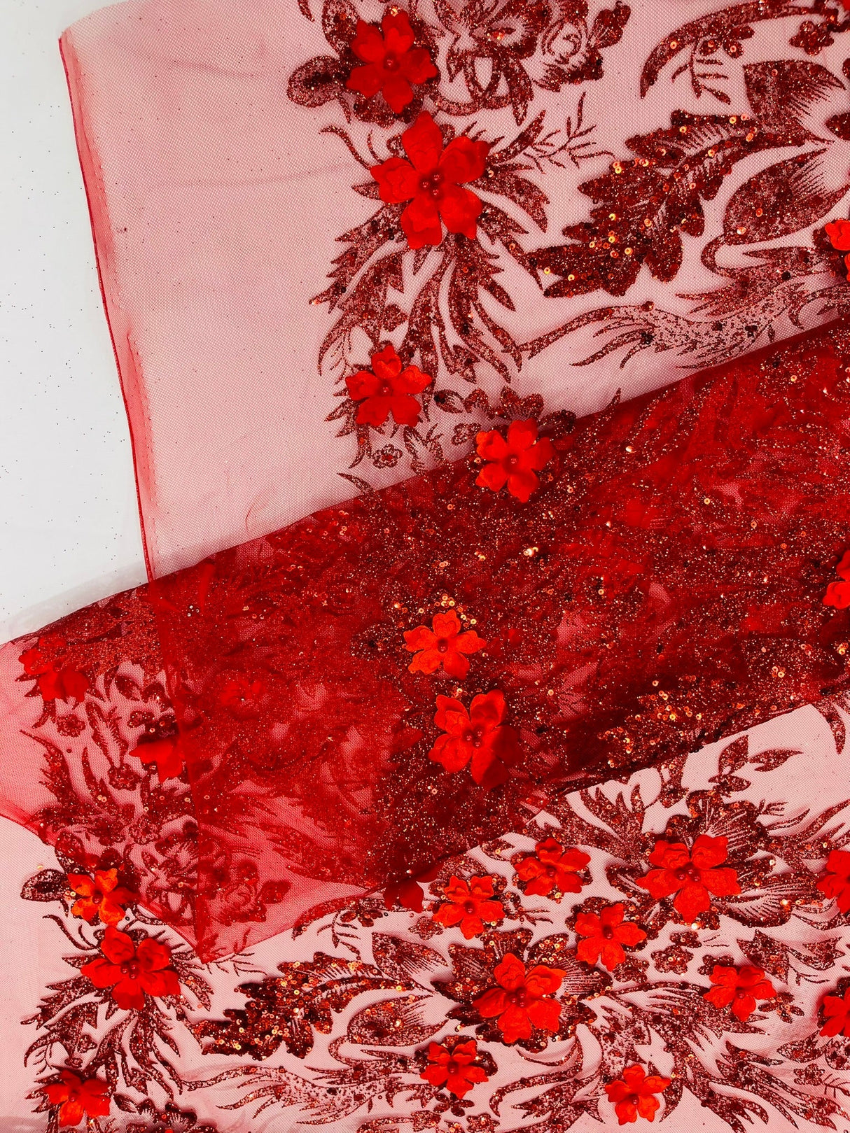 3D Floral Big Glitter Damask Design Mesh Lace Fabric - Black, Blush Pink, Burgundy, Champagne/Gold, Dusty Rose, Fuchsia, Gold, Gold/Black, Hunter Green, Light Blue, Lilac, Navy Blue, Red, Royal Blue, 54" Width (1 Yard)