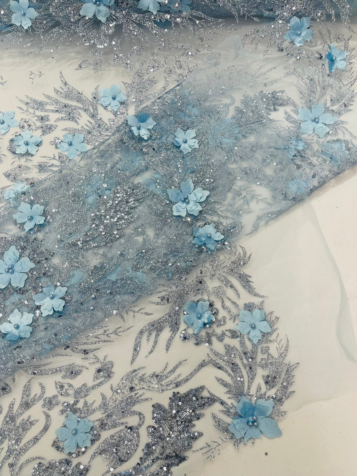 3D Floral Big Glitter Damask Design Mesh Lace Fabric - Black, Blush Pink, Burgundy, Champagne/Gold, Dusty Rose, Fuchsia, Gold, Gold/Black, Hunter Green, Light Blue, Lilac, Navy Blue, Red, Royal Blue, 54" Width (1 Yard)