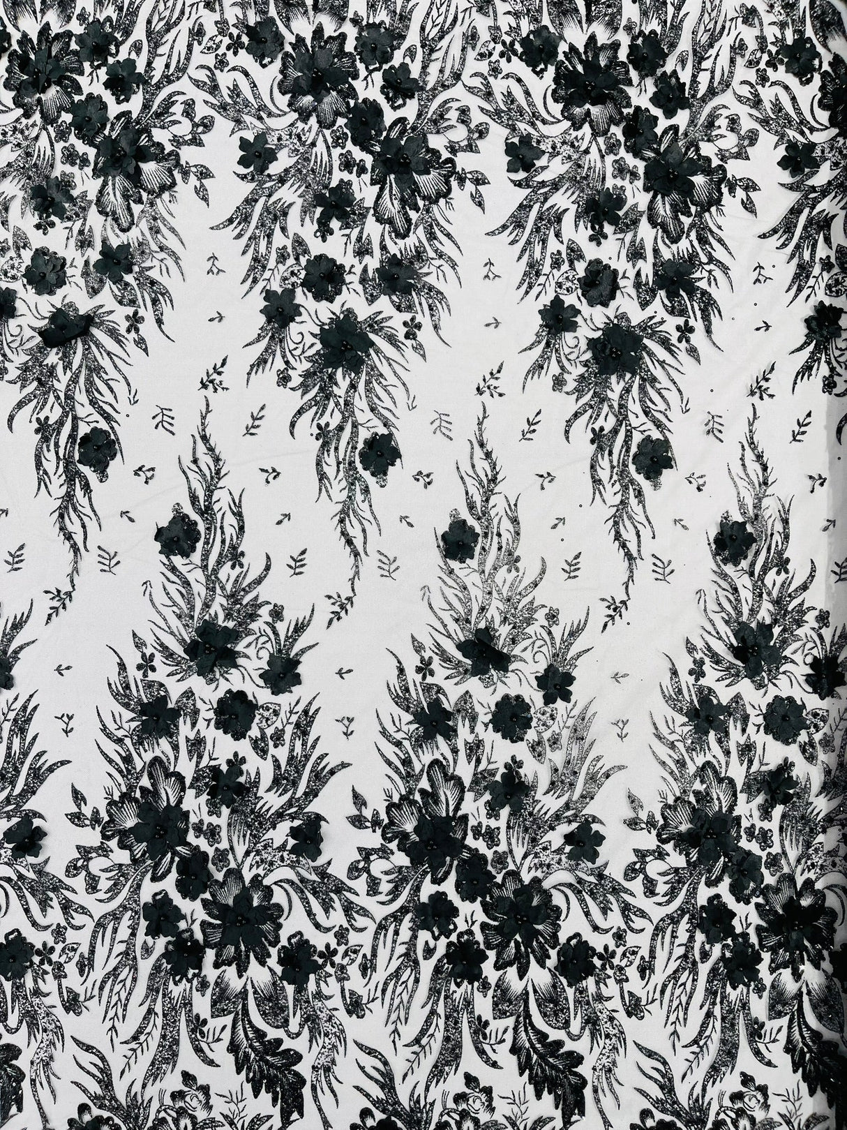 3D Floral Big Glitter Damask Design Mesh Lace Fabric - Black, Blush Pink, Burgundy, Champagne/Gold, Dusty Rose, Fuchsia, Gold, Gold/Black, Hunter Green, Light Blue, Lilac, Navy Blue, Red, Royal Blue, 54" Width (1 Yard)