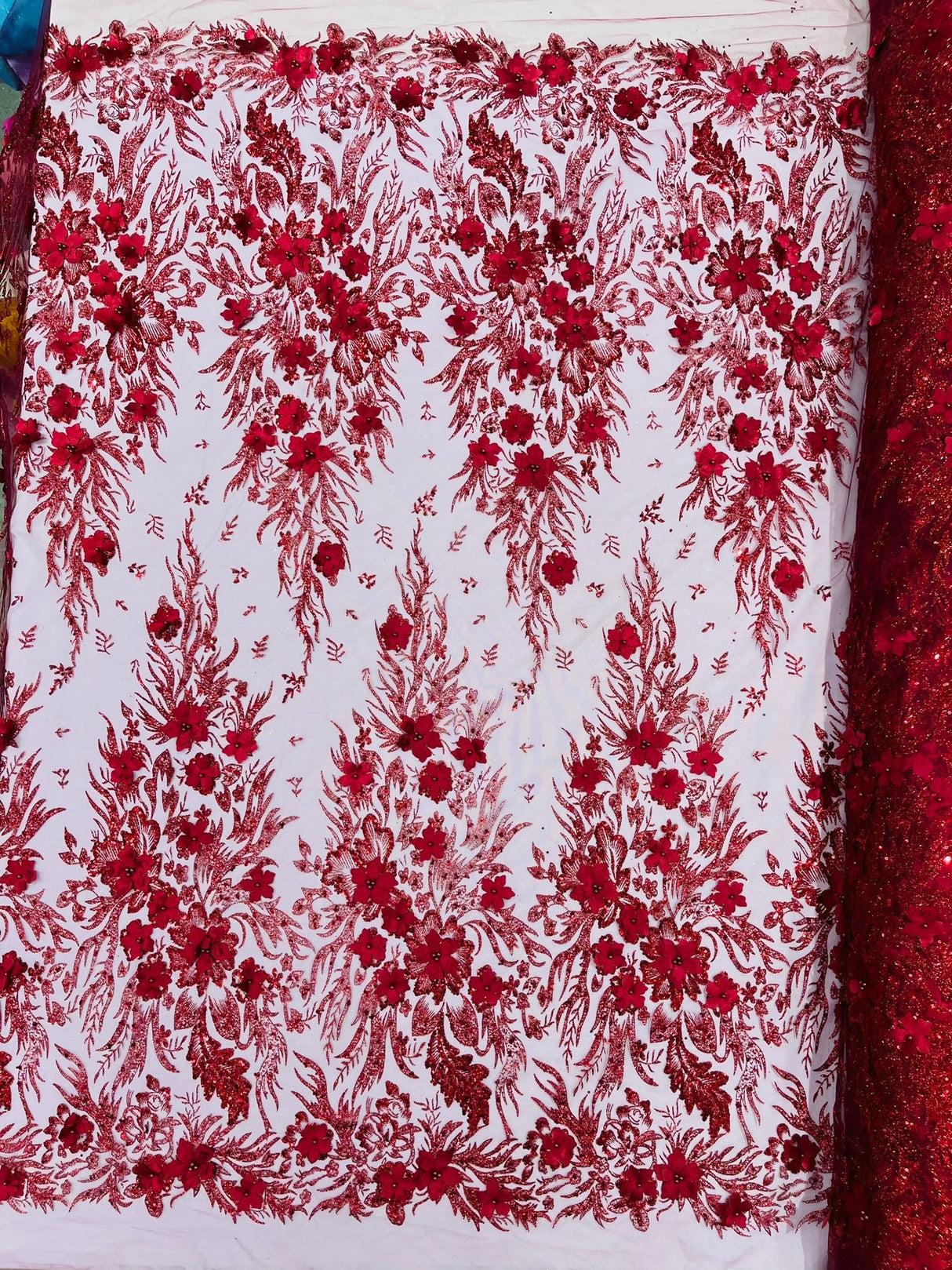 3D Floral Big Glitter Damask Design Mesh Lace Fabric - Black, Blush Pink, Burgundy, Champagne/Gold, Dusty Rose, Fuchsia, Gold, Gold/Black, Hunter Green, Light Blue, Lilac, Navy Blue, Red, Royal Blue, 54" Width (1 Yard)