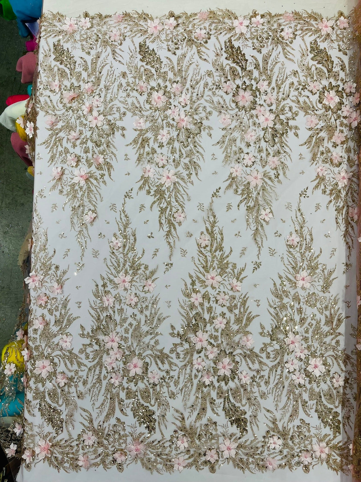 3D Floral Big Glitter Damask Design Mesh Lace Fabric - Black, Blush Pink, Burgundy, Champagne/Gold, Dusty Rose, Fuchsia, Gold, Gold/Black, Hunter Green, Light Blue, Lilac, Navy Blue, Red, Royal Blue, 54" Width (1 Yard)