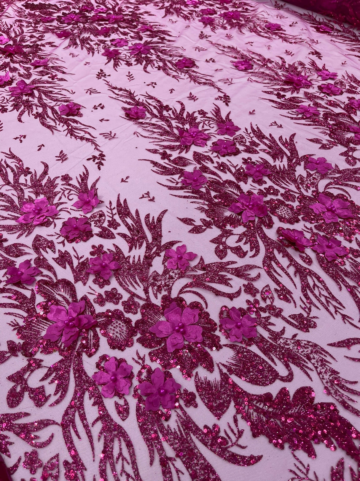 3D Floral Big Glitter Damask Design Mesh Lace Fabric - Black, Blush Pink, Burgundy, Champagne/Gold, Dusty Rose, Fuchsia, Gold, Gold/Black, Hunter Green, Light Blue, Lilac, Navy Blue, Red, Royal Blue, 54" Width (1 Yard)