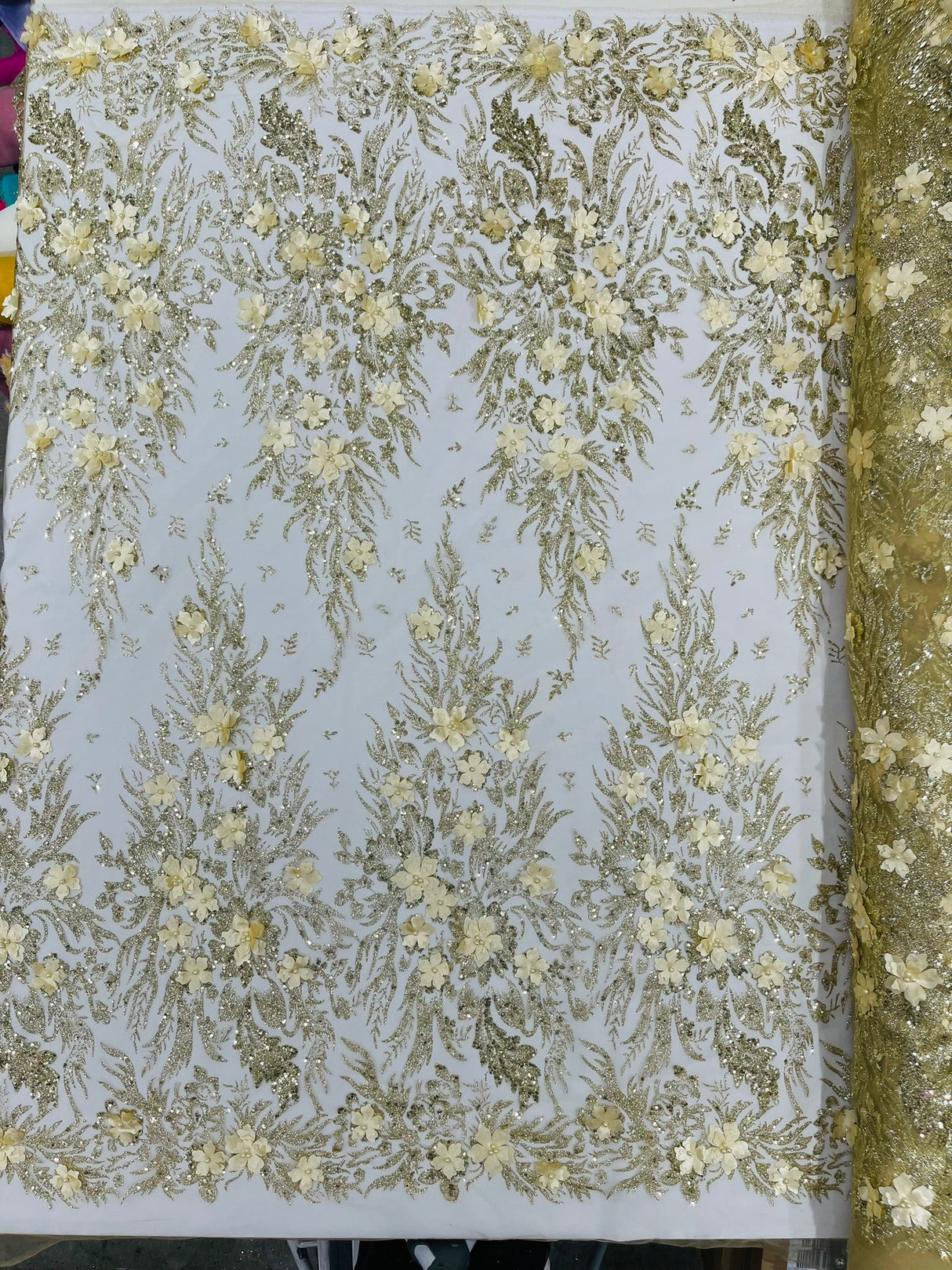 3D Floral Big Glitter Damask Design Mesh Lace Fabric - Black, Blush Pink, Burgundy, Champagne/Gold, Dusty Rose, Fuchsia, Gold, Gold/Black, Hunter Green, Light Blue, Lilac, Navy Blue, Red, Royal Blue, 54" Width (1 Yard)