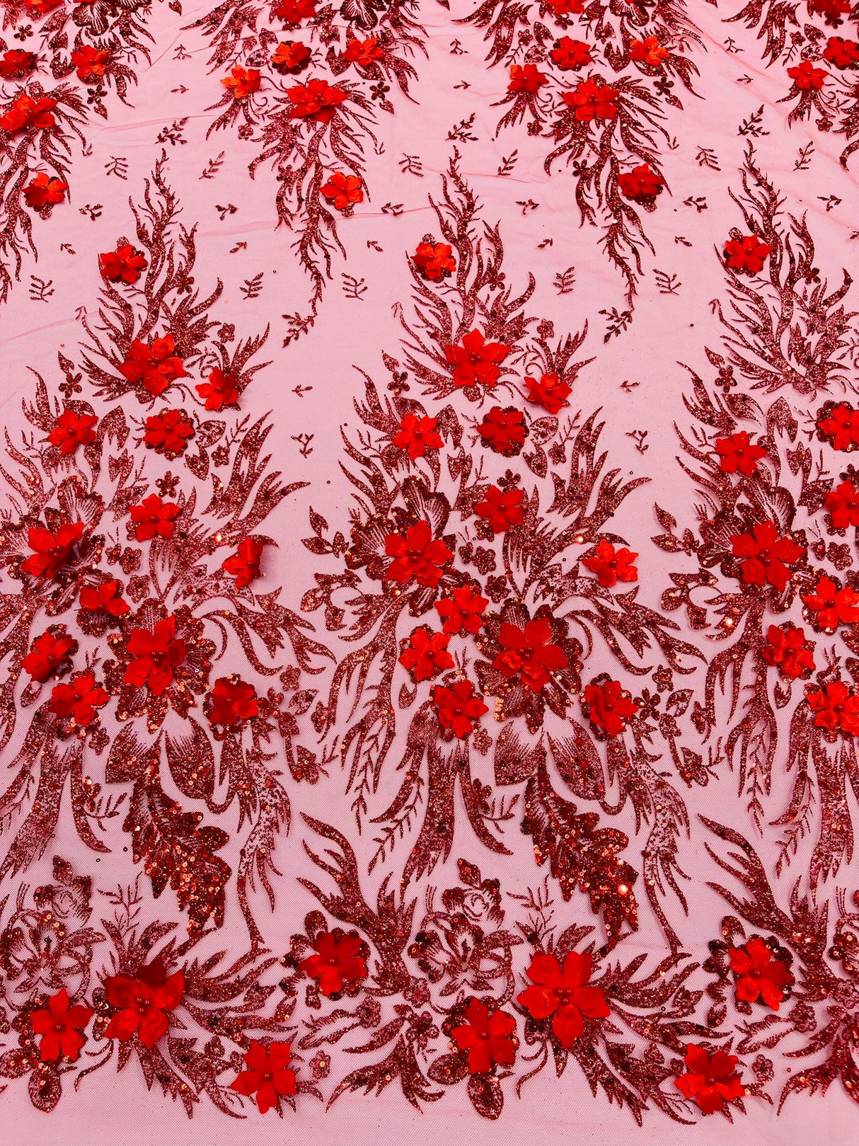 3D Floral Big Glitter Damask Design Mesh Lace Fabric - Black, Blush Pink, Burgundy, Champagne/Gold, Dusty Rose, Fuchsia, Gold, Gold/Black, Hunter Green, Light Blue, Lilac, Navy Blue, Red, Royal Blue, 54" Width (1 Yard)