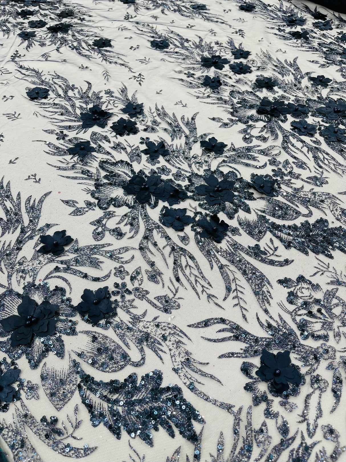 3D Floral Big Glitter Damask Design Mesh Lace Fabric - Black, Blush Pink, Burgundy, Champagne/Gold, Dusty Rose, Fuchsia, Gold, Gold/Black, Hunter Green, Light Blue, Lilac, Navy Blue, Red, Royal Blue, 54" Width (1 Yard)