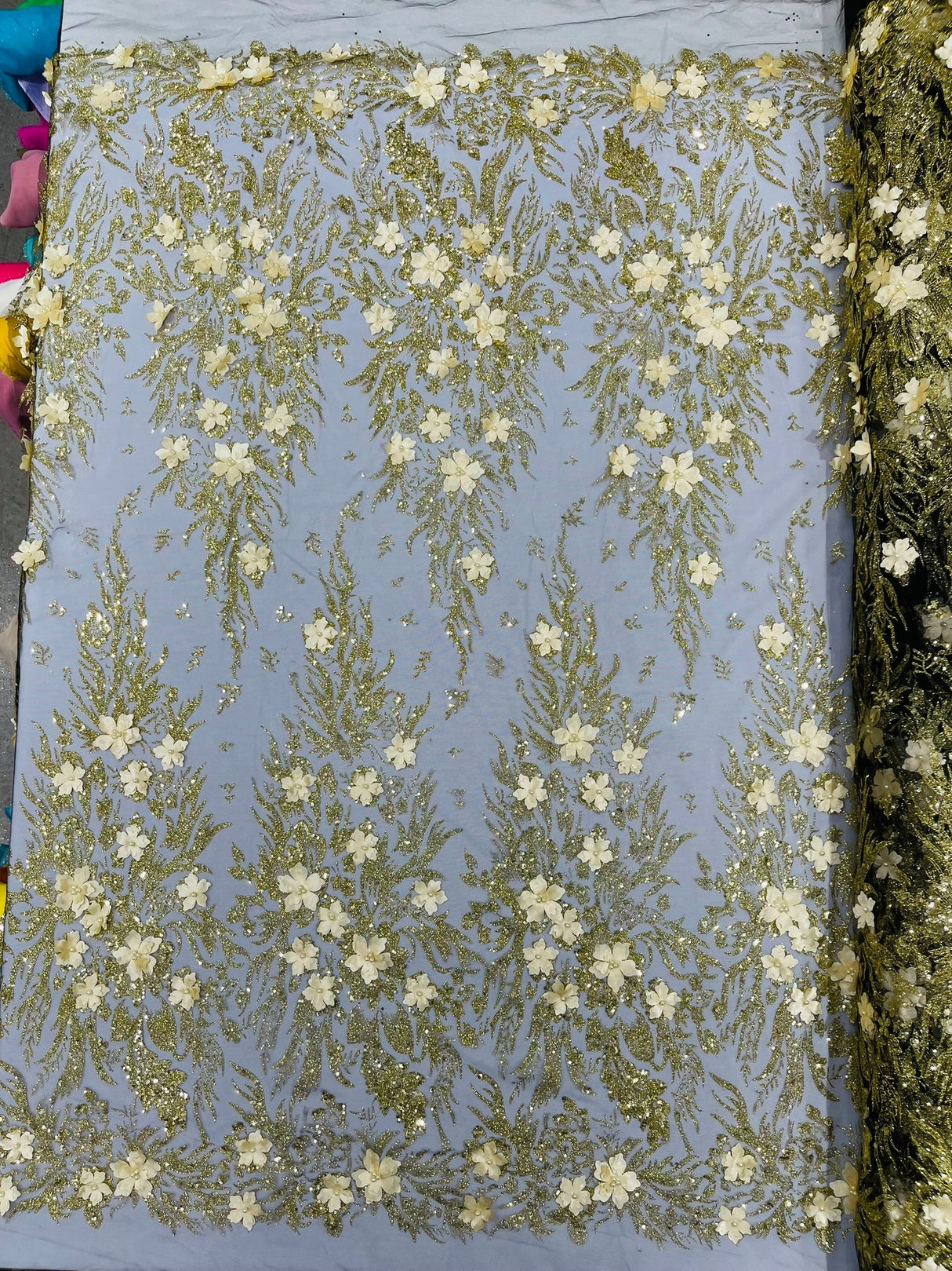 3D Floral Big Glitter Damask Design Mesh Lace Fabric - Black, Blush Pink, Burgundy, Champagne/Gold, Dusty Rose, Fuchsia, Gold, Gold/Black, Hunter Green, Light Blue, Lilac, Navy Blue, Red, Royal Blue, 54" Width (1 Yard)