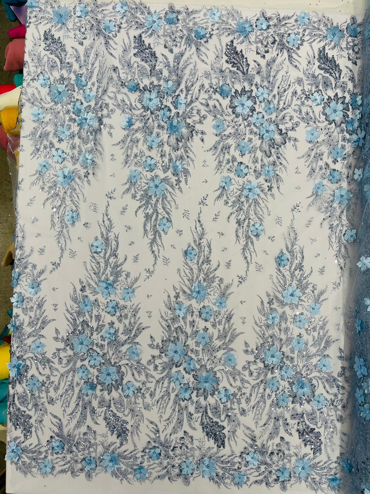 3D Floral Big Glitter Damask Design Mesh Lace Fabric - Black, Blush Pink, Burgundy, Champagne/Gold, Dusty Rose, Fuchsia, Gold, Gold/Black, Hunter Green, Light Blue, Lilac, Navy Blue, Red, Royal Blue, 54" Width (1 Yard)