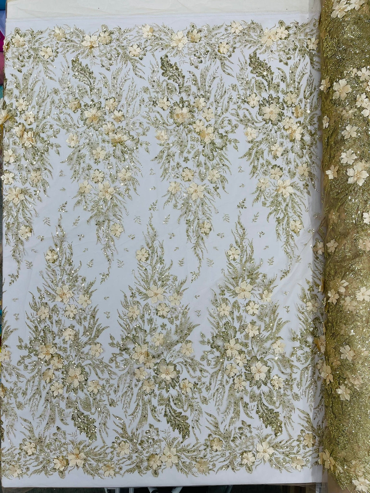 3D Floral Big Glitter Damask Design Mesh Lace Fabric - Black, Blush Pink, Burgundy, Champagne/Gold, Dusty Rose, Fuchsia, Gold, Gold/Black, Hunter Green, Light Blue, Lilac, Navy Blue, Red, Royal Blue, 54" Width (1 Yard)