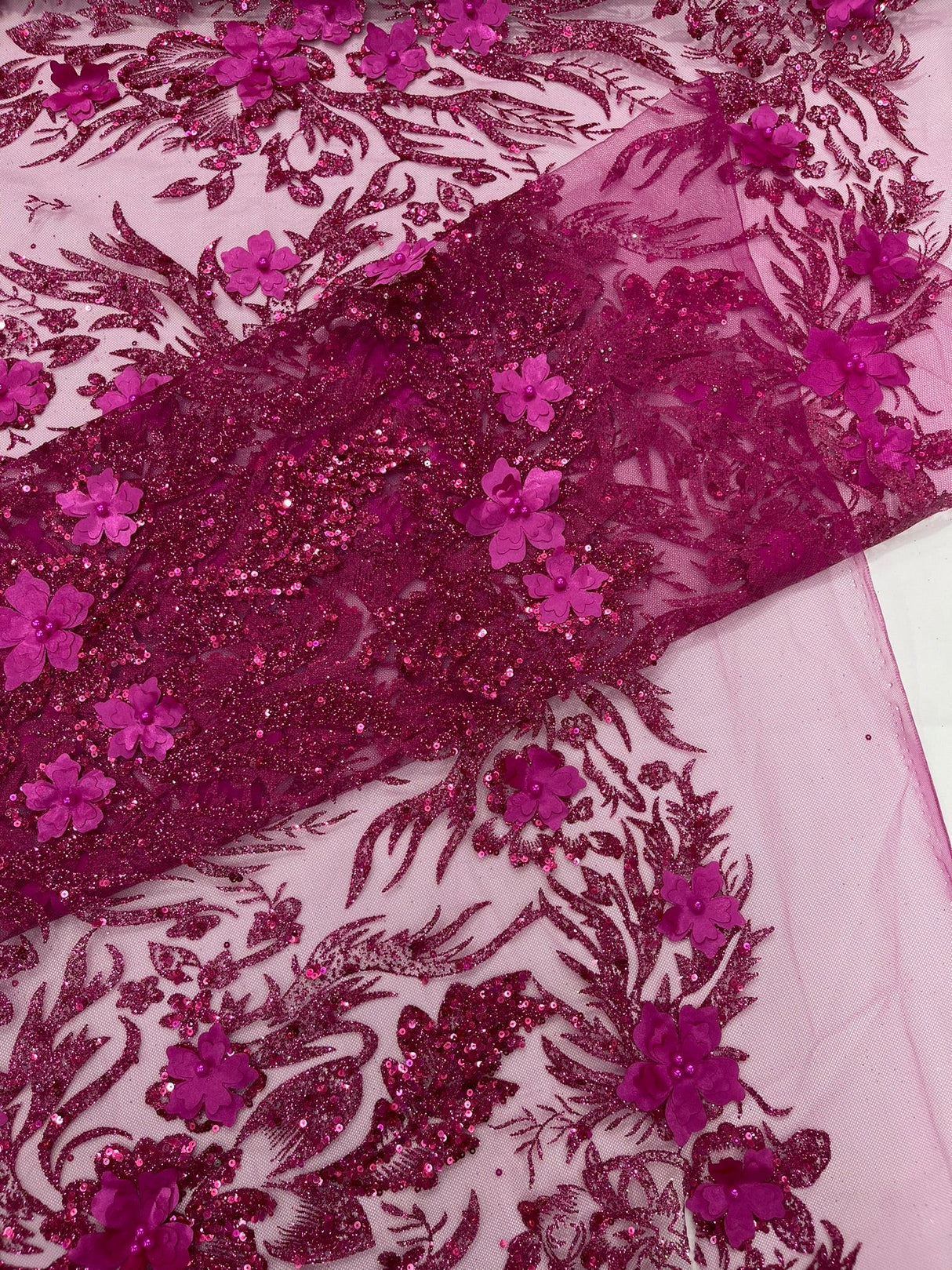 3D Floral Big Glitter Damask Design Mesh Lace Fabric - Black, Blush Pink, Burgundy, Champagne/Gold, Dusty Rose, Fuchsia, Gold, Gold/Black, Hunter Green, Light Blue, Lilac, Navy Blue, Red, Royal Blue, 54" Width (1 Yard)