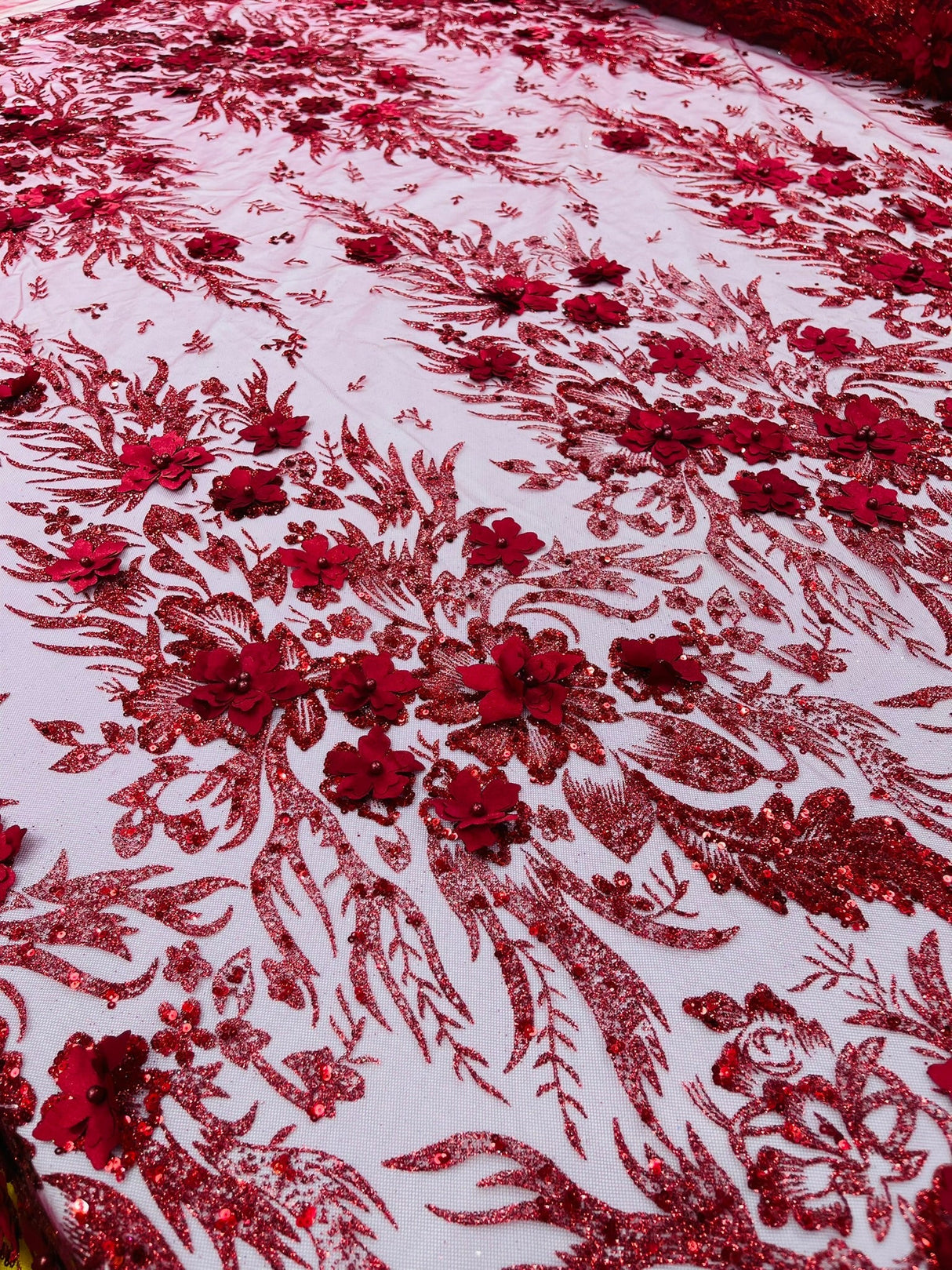 3D Floral Big Glitter Damask Design Mesh Lace Fabric - Black, Blush Pink, Burgundy, Champagne/Gold, Dusty Rose, Fuchsia, Gold, Gold/Black, Hunter Green, Light Blue, Lilac, Navy Blue, Red, Royal Blue, 54" Width (1 Yard)