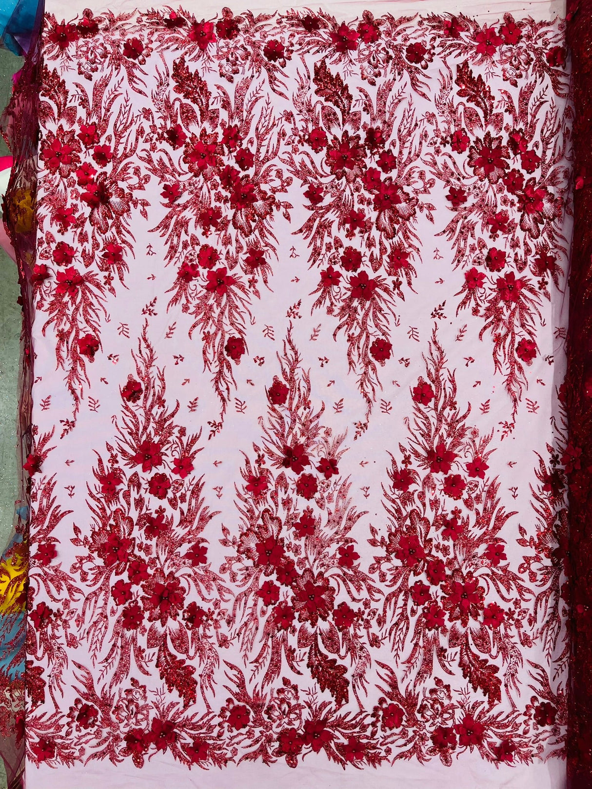 3D Floral Big Glitter Damask Design Mesh Lace Fabric - Black, Blush Pink, Burgundy, Champagne/Gold, Dusty Rose, Fuchsia, Gold, Gold/Black, Hunter Green, Light Blue, Lilac, Navy Blue, Red, Royal Blue, 54" Width (1 Yard)