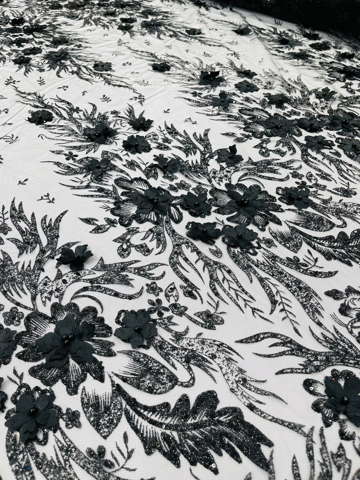 3D Floral Big Glitter Damask Design Mesh Lace Fabric - Black, Blush Pink, Burgundy, Champagne/Gold, Dusty Rose, Fuchsia, Gold, Gold/Black, Hunter Green, Light Blue, Lilac, Navy Blue, Red, Royal Blue, 54" Width (1 Yard)