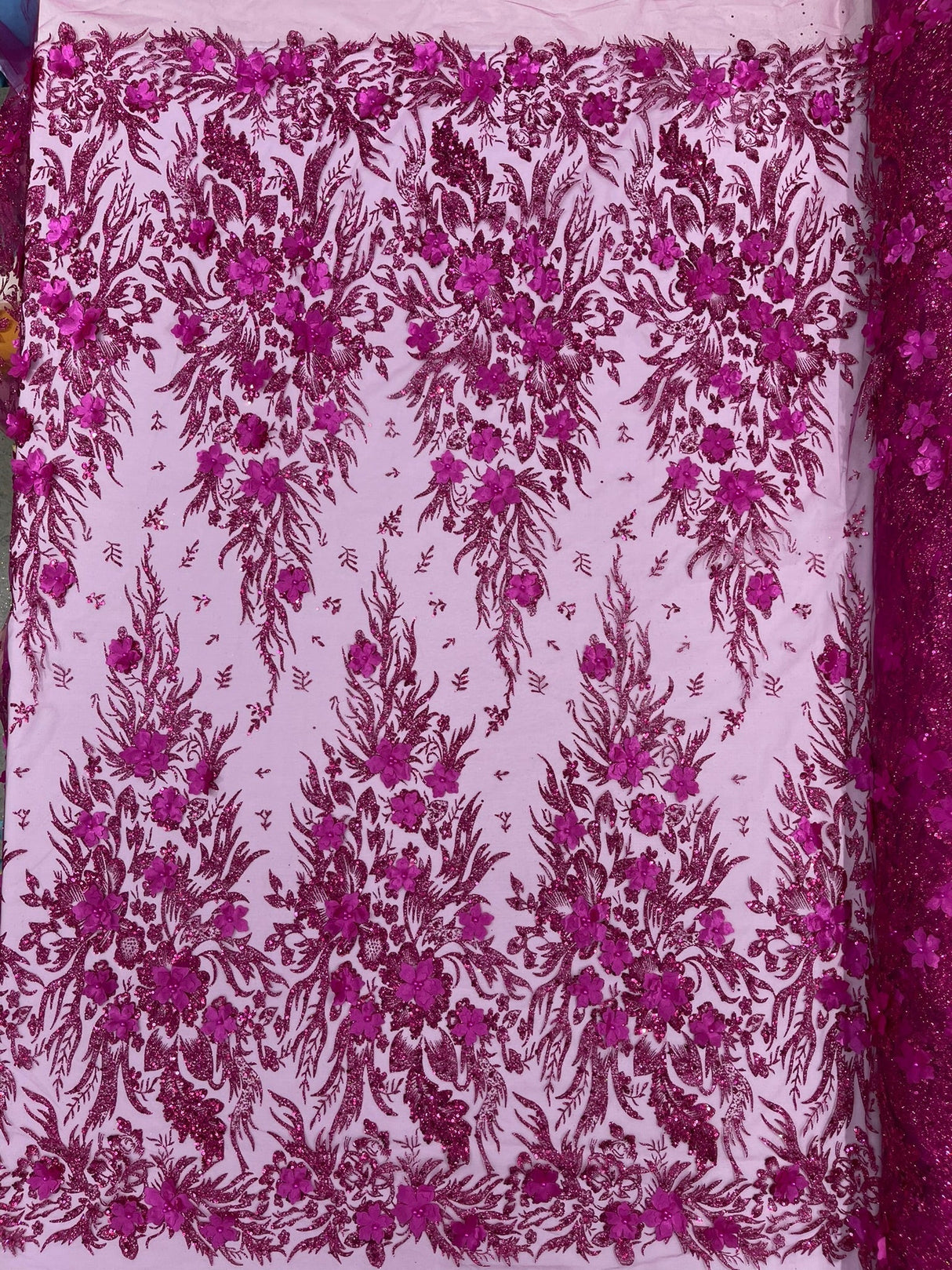 3D Floral Big Glitter Damask Design Mesh Lace Fabric - Black, Blush Pink, Burgundy, Champagne/Gold, Dusty Rose, Fuchsia, Gold, Gold/Black, Hunter Green, Light Blue, Lilac, Navy Blue, Red, Royal Blue, 54" Width (1 Yard)