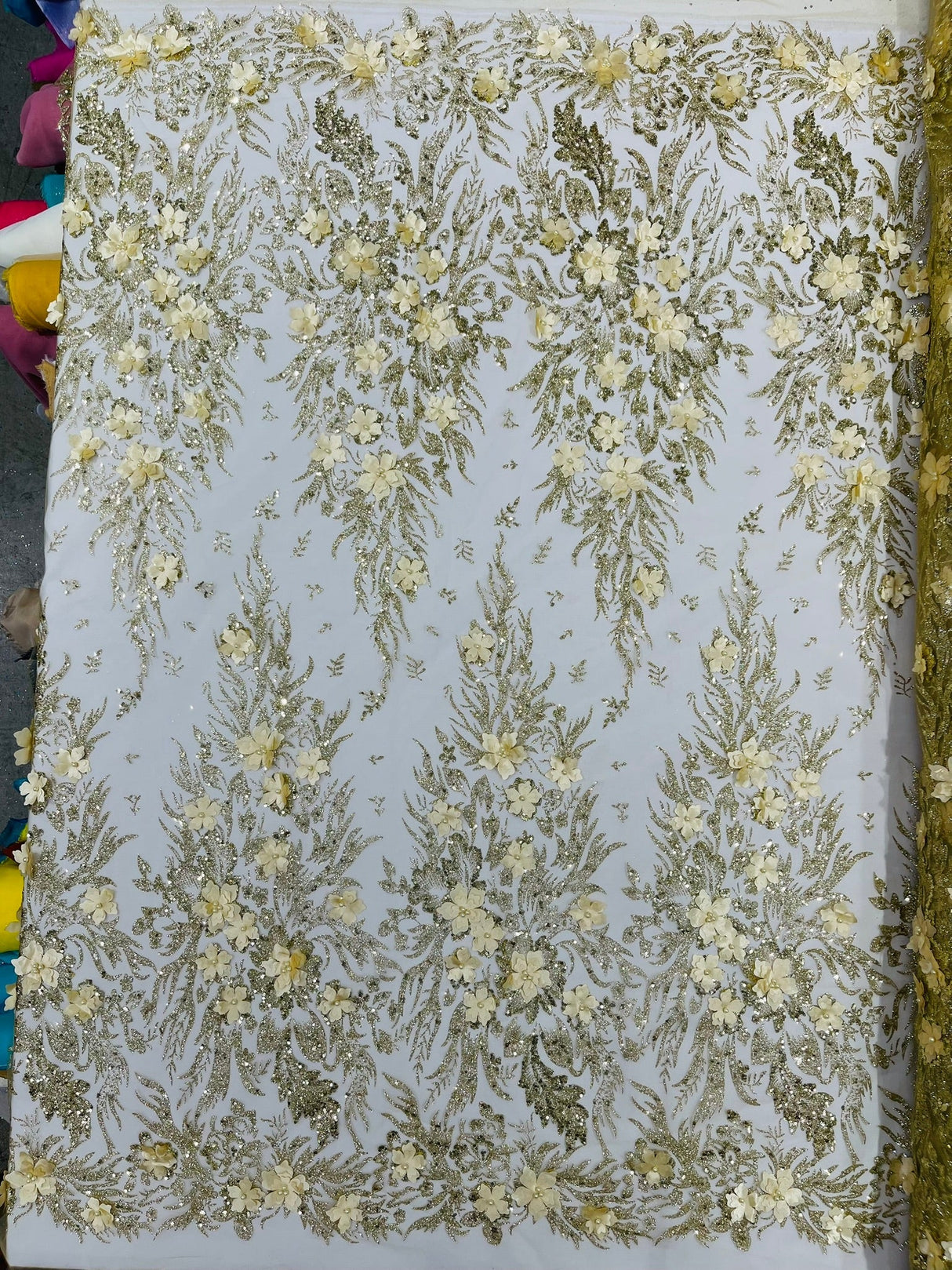 3D Floral Big Glitter Damask Design Mesh Lace Fabric - Black, Blush Pink, Burgundy, Champagne/Gold, Dusty Rose, Fuchsia, Gold, Gold/Black, Hunter Green, Light Blue, Lilac, Navy Blue, Red, Royal Blue, 54" Width (1 Yard)