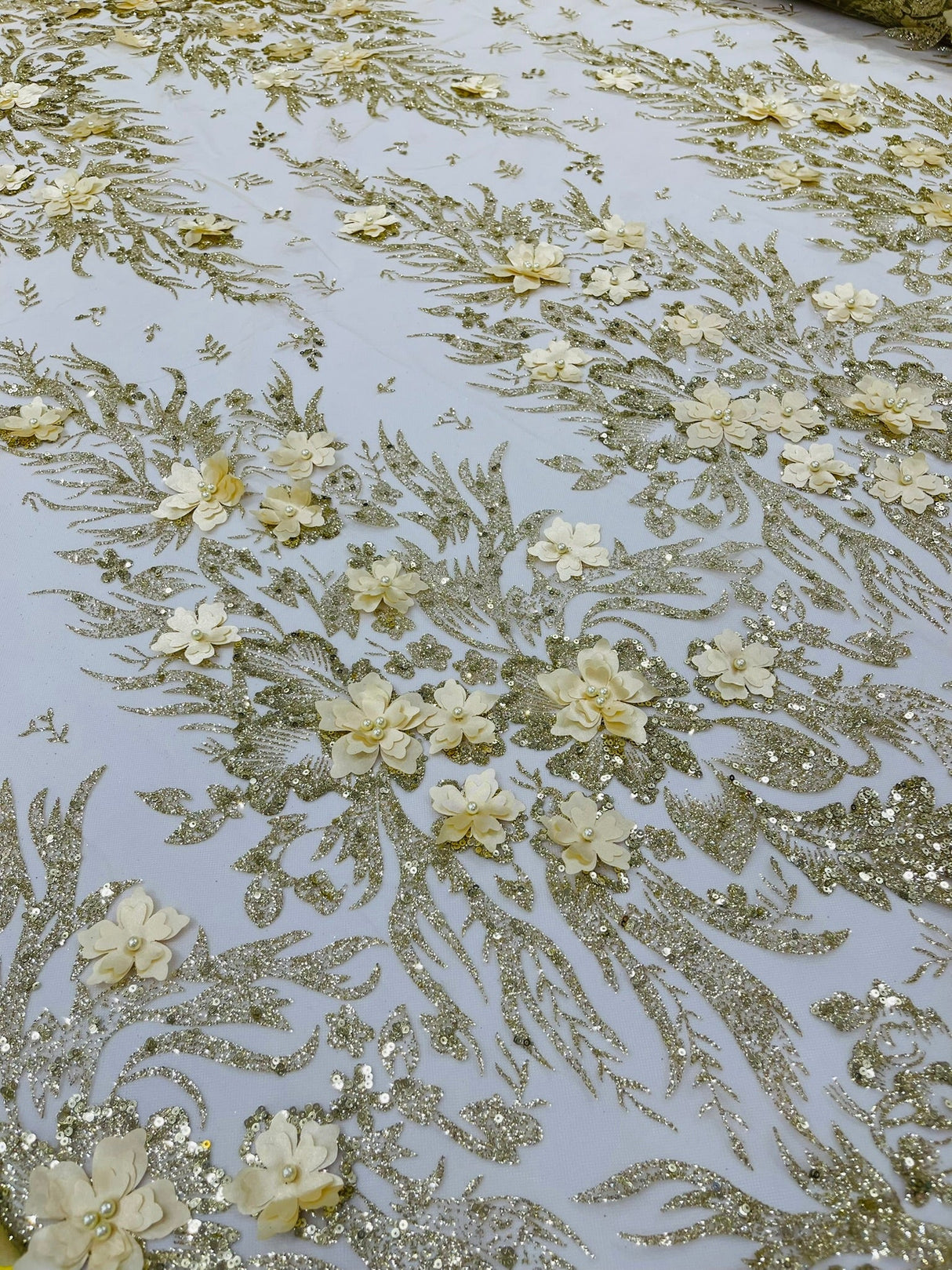 3D Floral Big Glitter Damask Design Mesh Lace Fabric - Black, Blush Pink, Burgundy, Champagne/Gold, Dusty Rose, Fuchsia, Gold, Gold/Black, Hunter Green, Light Blue, Lilac, Navy Blue, Red, Royal Blue, 54" Width (1 Yard)