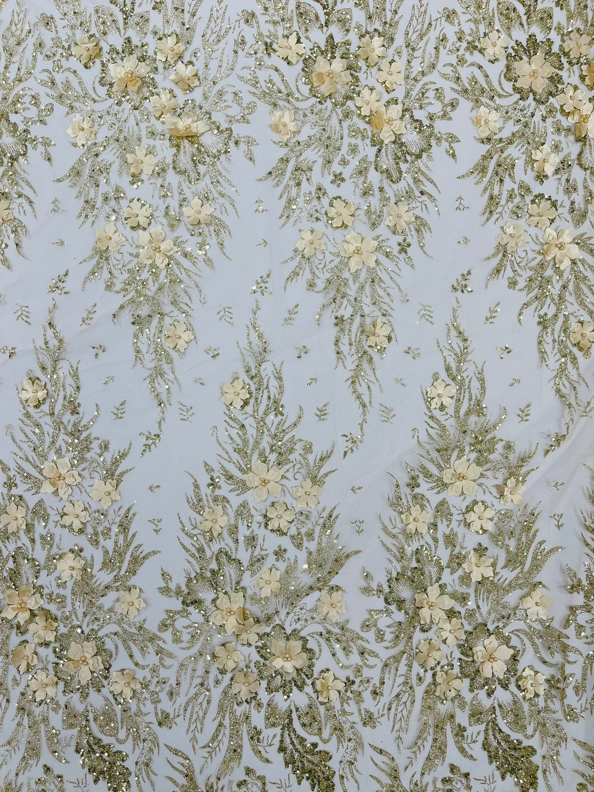 3D Floral Big Glitter Damask Design Mesh Lace Fabric - Black, Blush Pink, Burgundy, Champagne/Gold, Dusty Rose, Fuchsia, Gold, Gold/Black, Hunter Green, Light Blue, Lilac, Navy Blue, Red, Royal Blue, 54" Width (1 Yard)