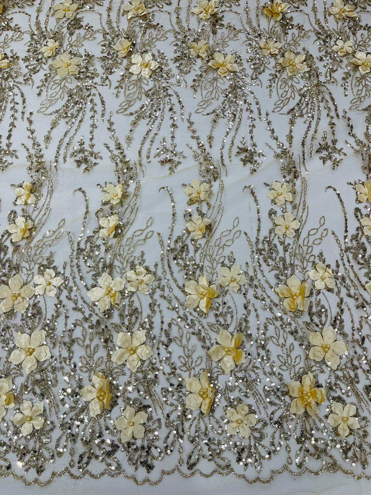 3D Luxury Satin Floral Glitter Fabric - 3D Satin Flowers, Glitter Sequin Embroidery, 54" Width (1 Yard)
