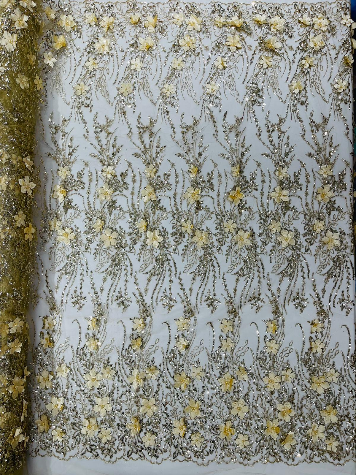 3D Luxury Satin Floral Glitter Fabric - 3D Satin Flowers, Glitter Sequin Embroidery, 54" Width (1 Yard)